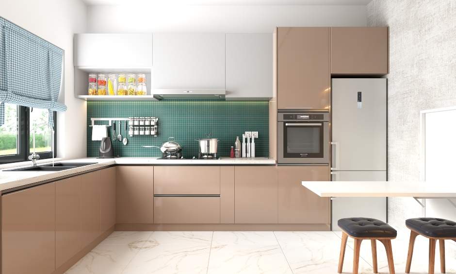 1bhk kitchen design in two-toned finishes with multiple pullout units