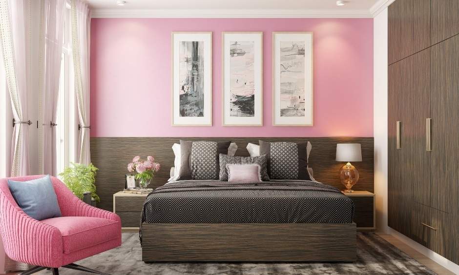 Modern bedroom with trending colours for 2025 includes earthy tones, pastel accents, and sleek grey elements