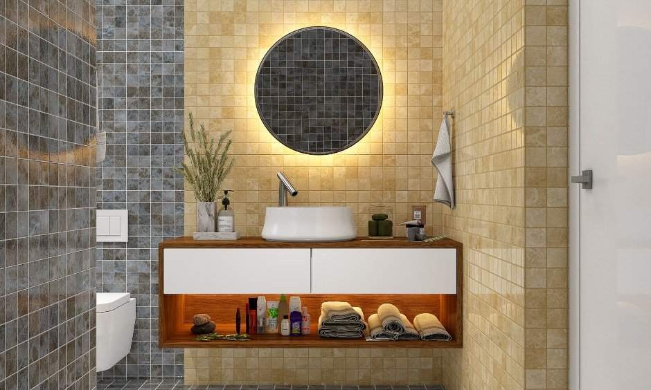 A floating vanity unit with drawers and open shelves for a 3bhk flat interior design