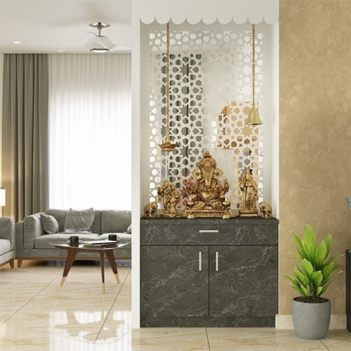 Affordable interior designers in Surat created a living room with a pooja unit