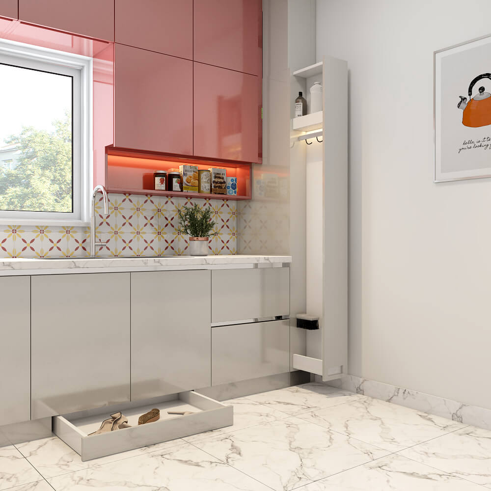 Apartment interior designers in Navi Mumbai designed a janitor unit and skirting drawer