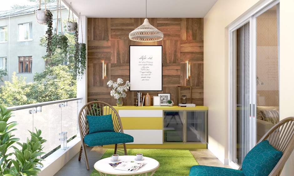 Balcony design with yellow and white multifunctional cabinet with a crockery unit and wine rack