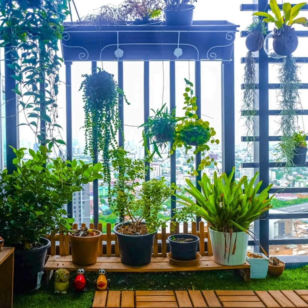 Balcony garden design with lots of greenery and hanging plants everywhere which can be used as balcony garden designs india