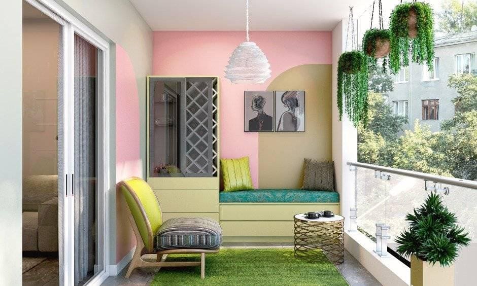 Balcony interiors with showcase-cum-wine rack and handleless drawers and low bench with storage underneath