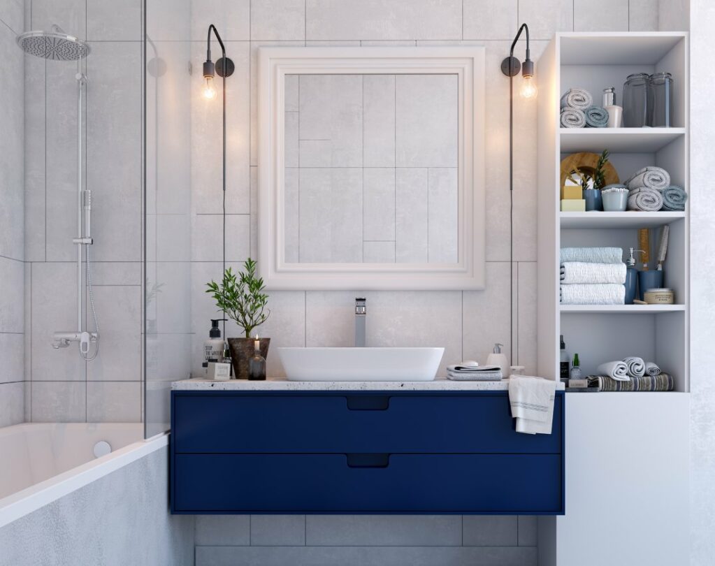 Bathroom design with a striking blue vanity makes clean and simple bathroom deign