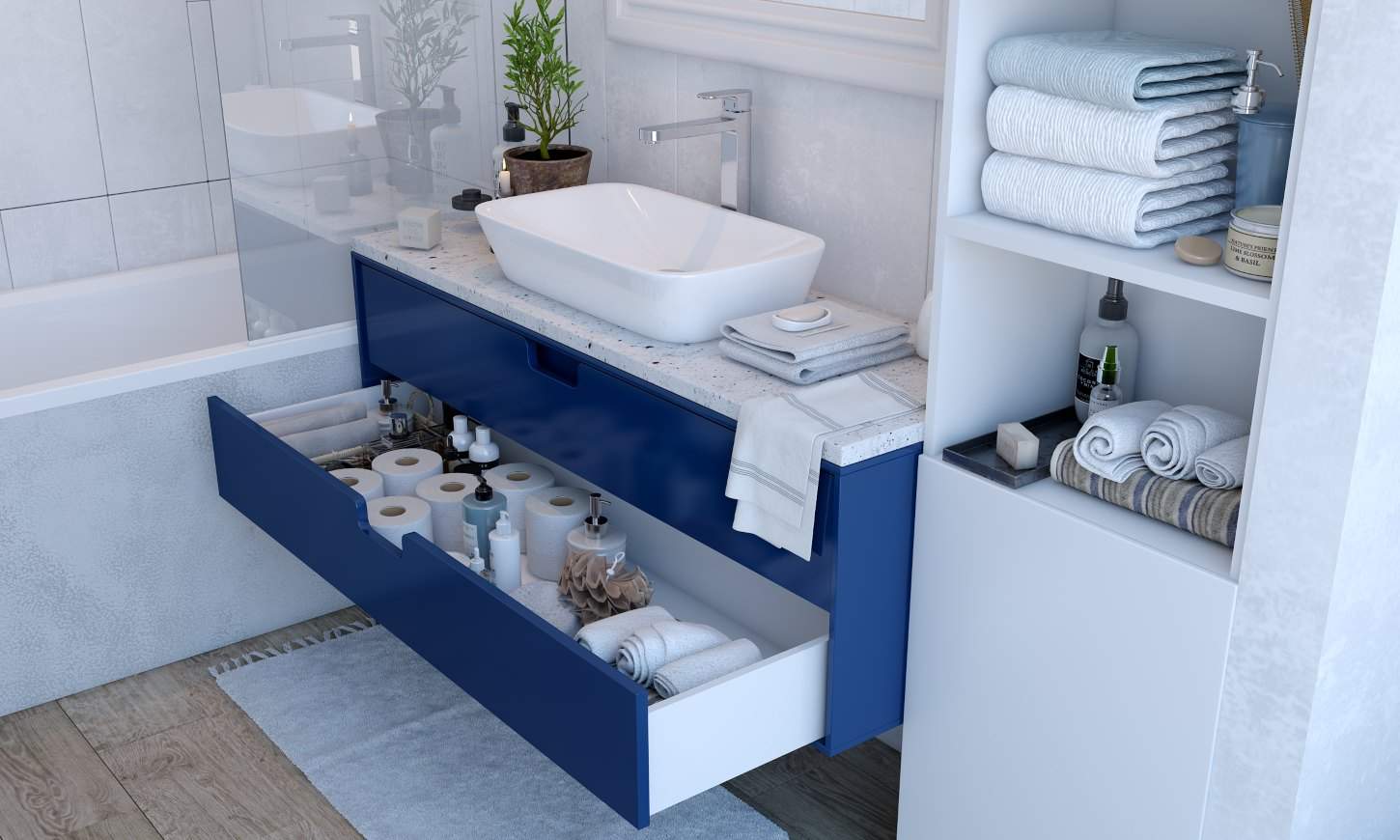 Bathroom design with vanity in blue-with marble countertop and sink