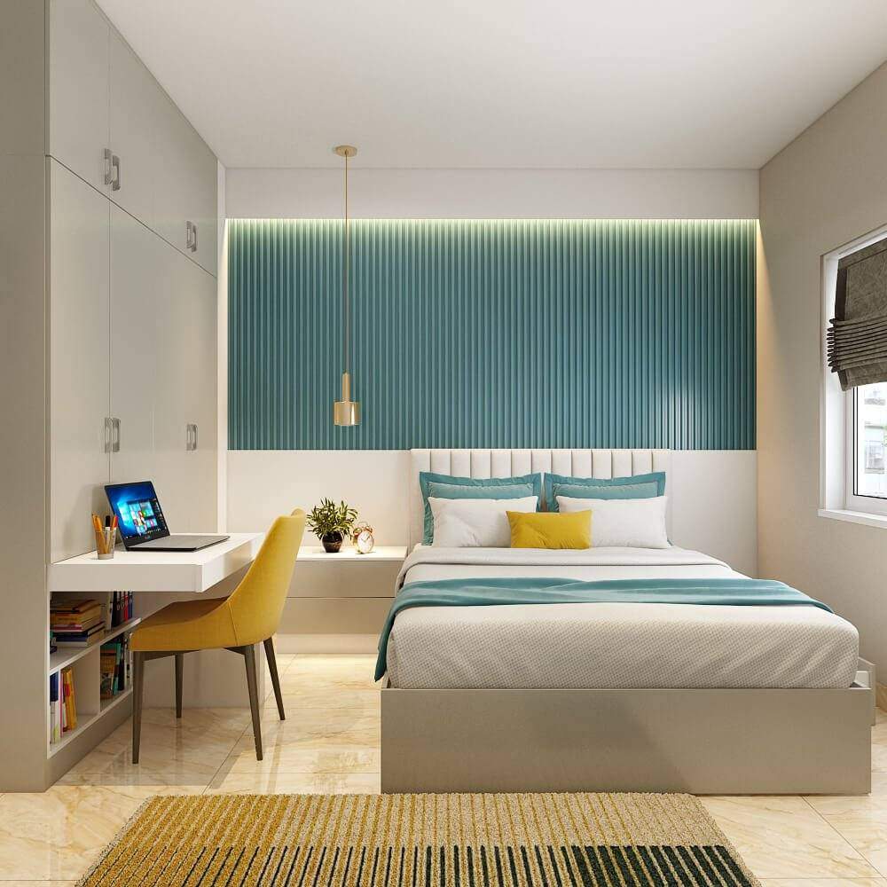 Bedroom designers in Navi Mumbai created a wardrobe with a sleek pull-out desk