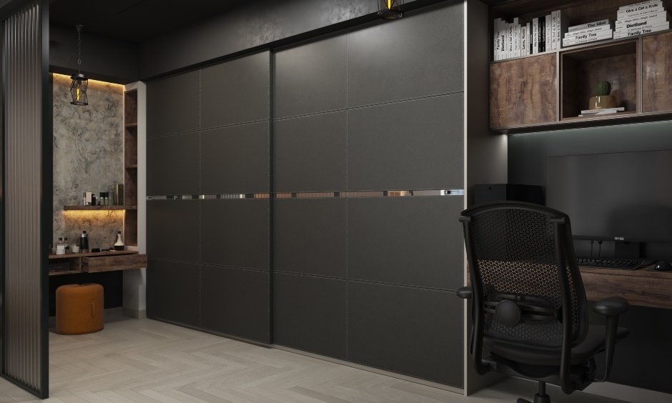 Latest bedroom interior designs in industrial style with study table attached walk-in wardrobe