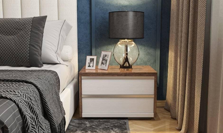 Bedroom interior design online with side table and storage options in White and Blue in India.
