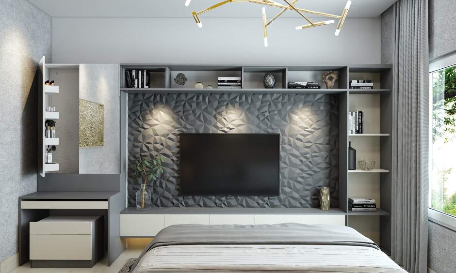 Bedroom has a multifunctional TV unit with open shelves and an attached dressing unit