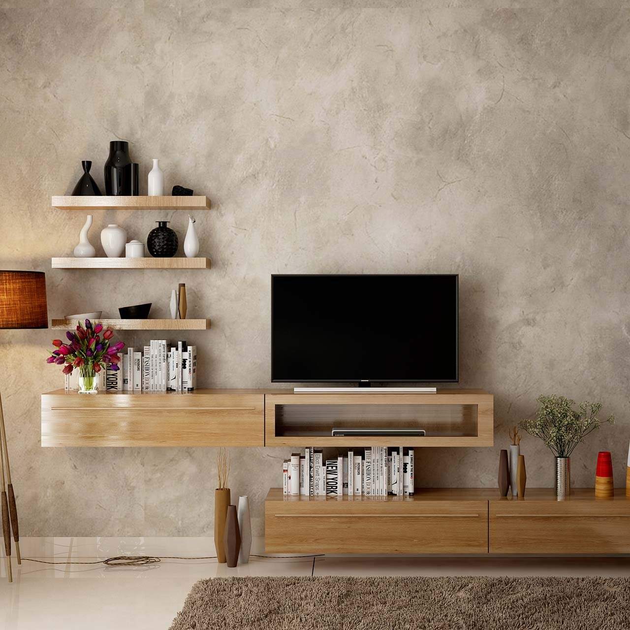 Bedroom design check list with TV unit in the bedroom with floating shelves