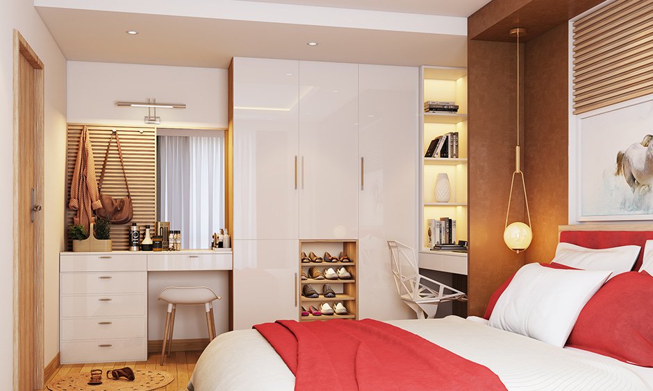 A simple swing door bedroom wardrobe with dressing table and an open shoebox is a perfect fit for a couple's bedroom