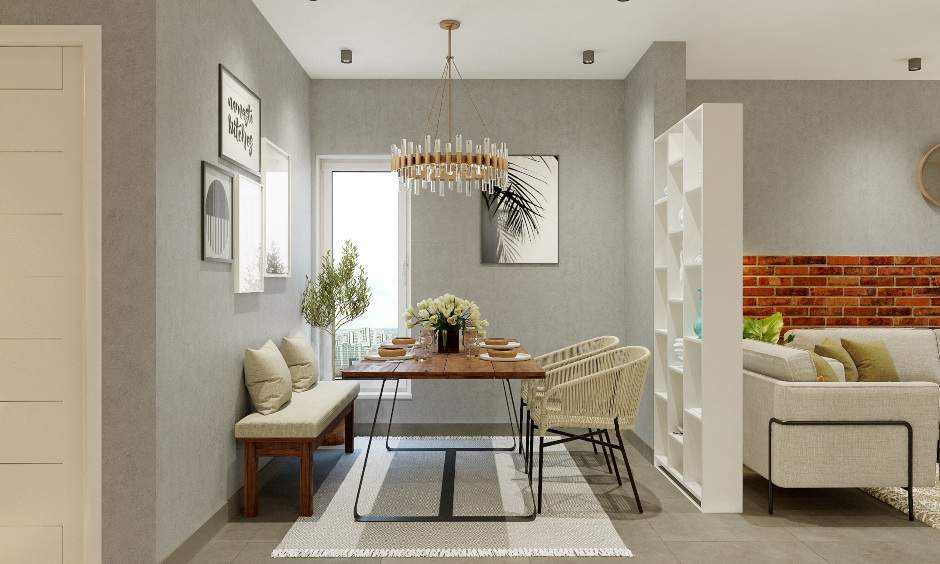 Best interior design for 1bhk flat where the dining room is sperated with a white partition and is designed with two chairs and a bench