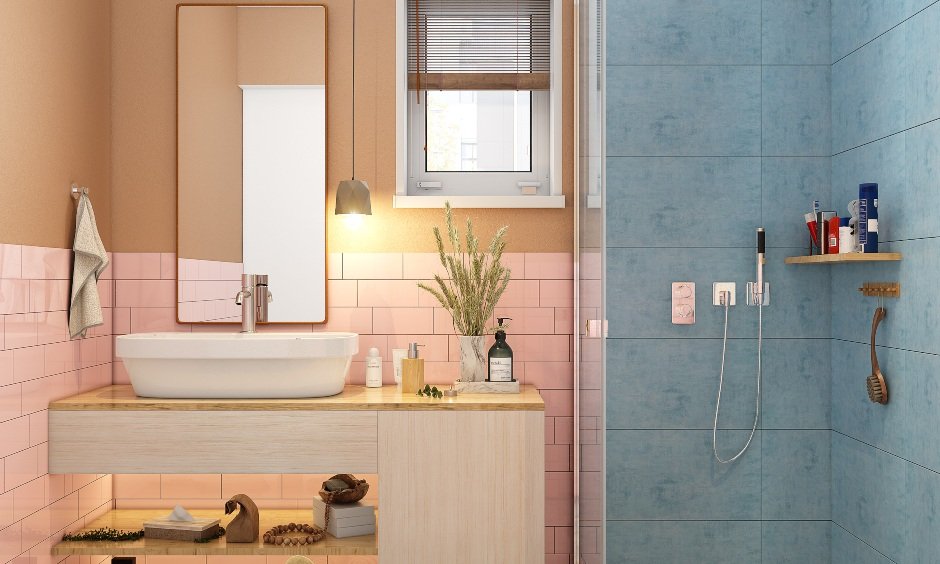 best interior design for 2bhk flat with kids bathroom designed with bowl shaped sink, elongated mirror and pendant lights