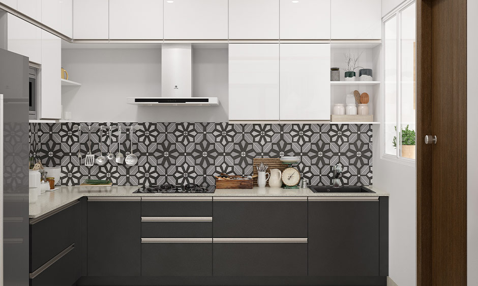 Black and white geometric kitchen wall tile backsplash for a modern kitchen