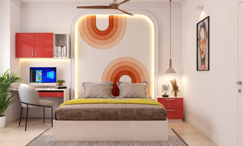 Bright bedroom design in white and orange colour