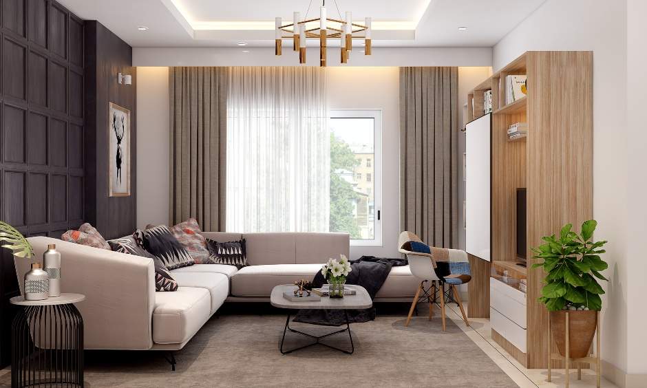 A brown and white colour combination living room with multi-functional furniture