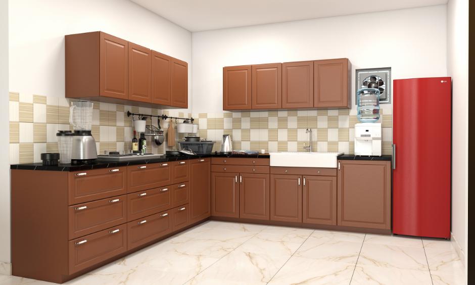 Non-modular kitchen design with brown cabinets, wall-mounted racks and practical layout.