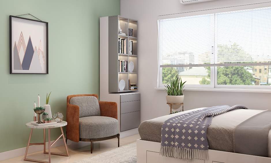 Chic bedroom interior with corner bookshelf