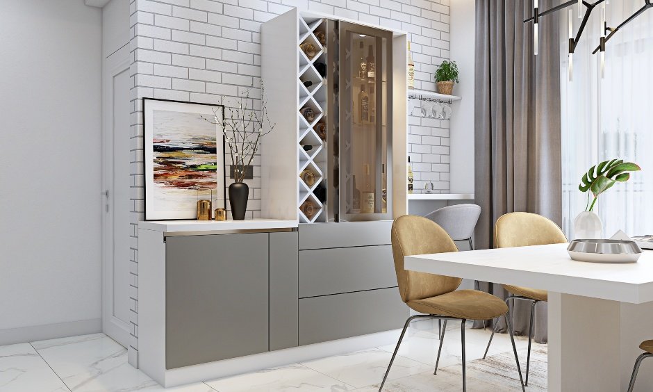 Dining room with bar unit designed with sliding door in 3 bhk flat interior design in india