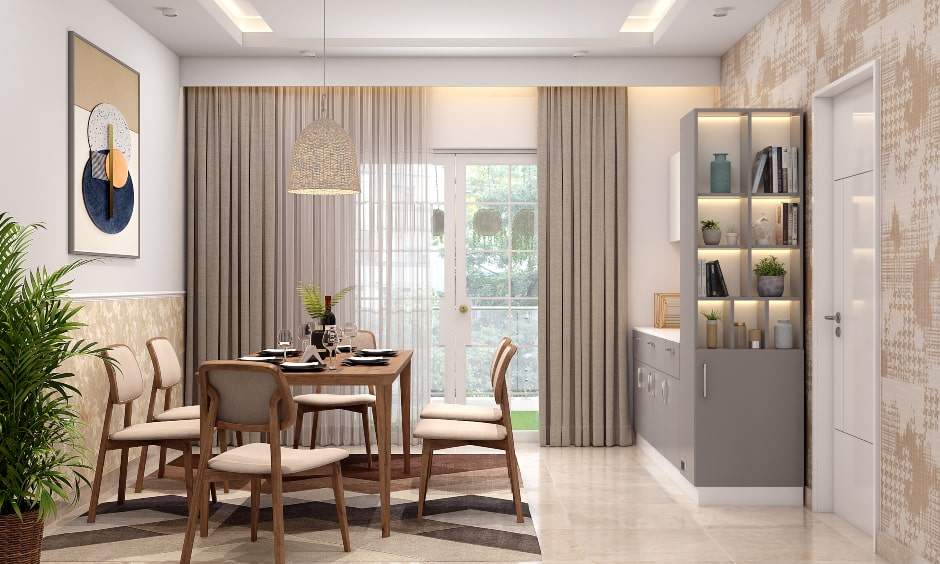A dining room with space-saving furniture