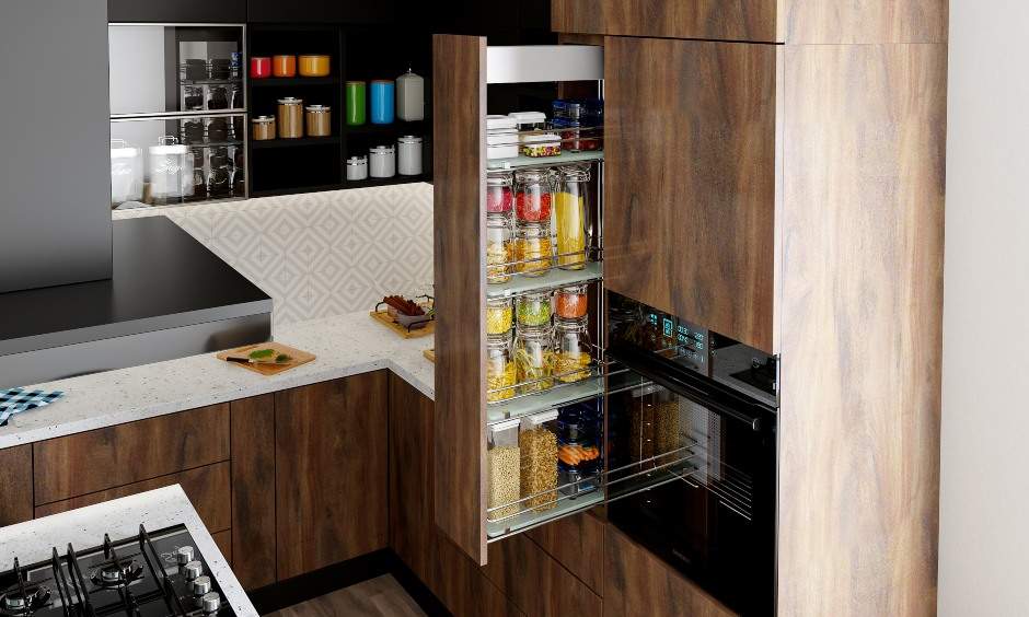 Drawer with inbuilt cutlery organizer in rustic kitchen designed by best kitchen designers in bangalore