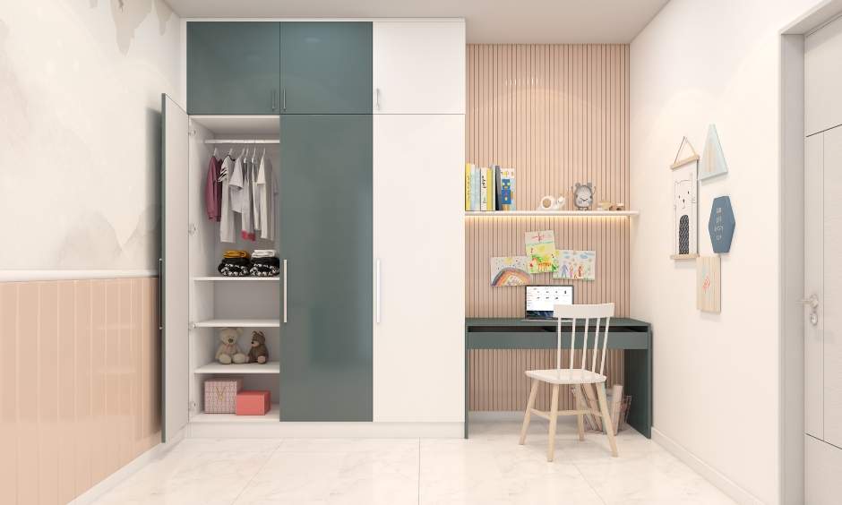 Kids' bedroom wardrobe attached study unit that features a dual-tone design
