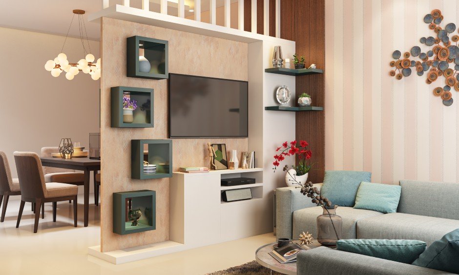 Eclectic style dining room design with a tv unit, room partition and showcase decor