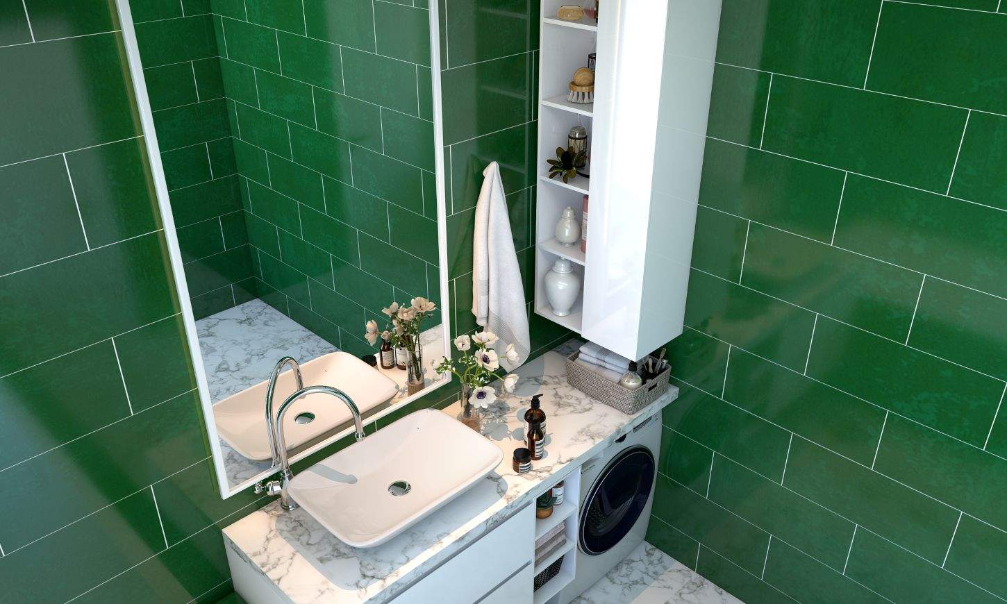 Emerald green bathroom design under sink storage cabinet and shelves