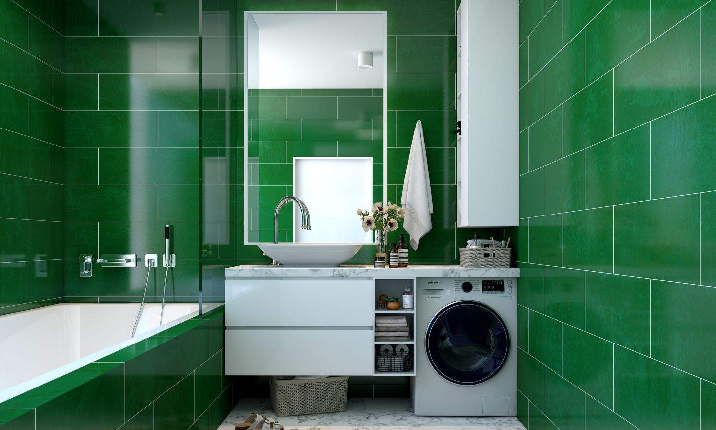 Emerald green modern bathroom design with green bathroom tiles