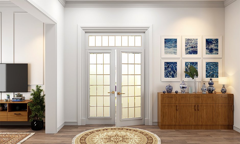 An entryway interior design with a rug completes the look and makes it look cosy