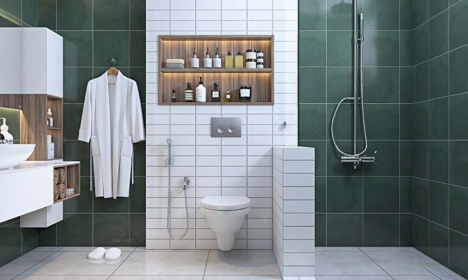 bathroom with green and white tiles on wall design for 3 bhk home