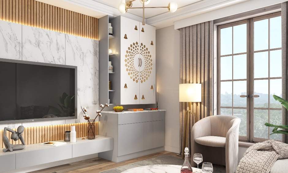 White and grey TV unit with pooja room and intricately carved swing doors