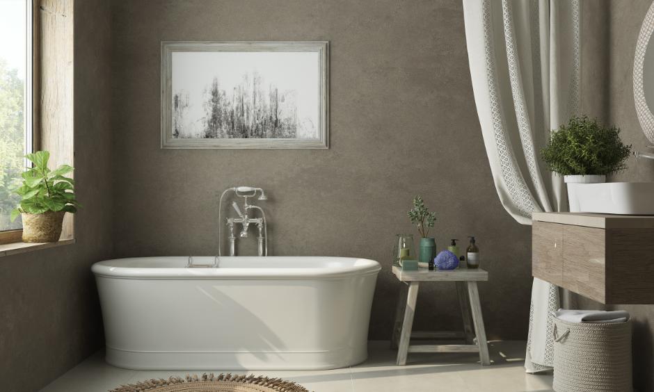 Modern bathroom with repurposed wooden stool and plants as part of home interior upcycling design