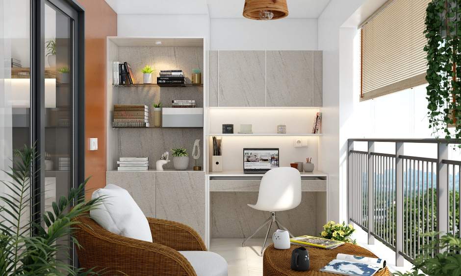 Home office design ideas for balcony with multiple storages