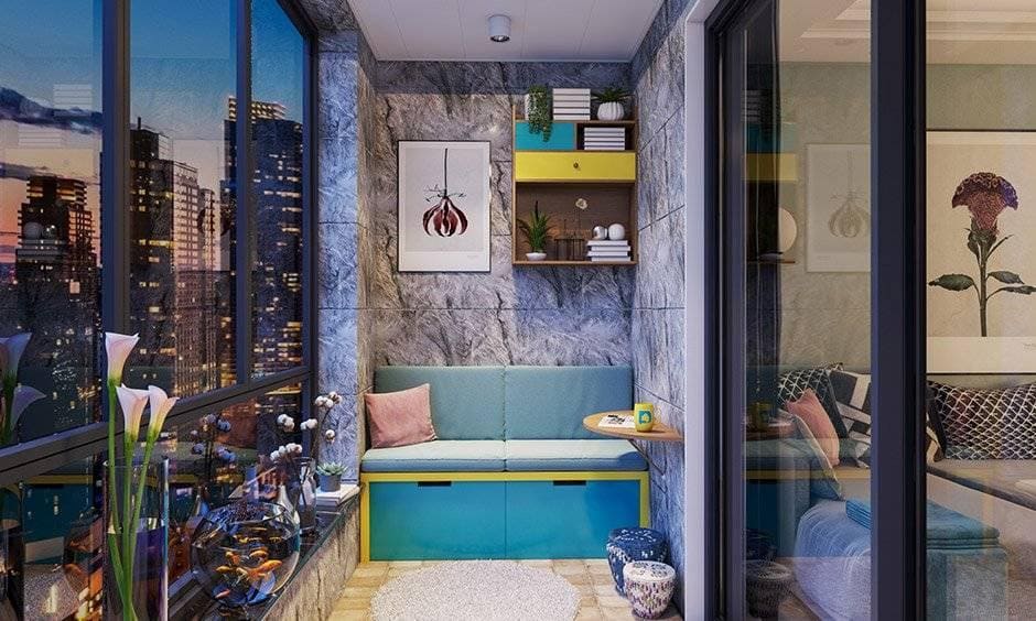 Small balcony design with a built-in seating for maximising the space