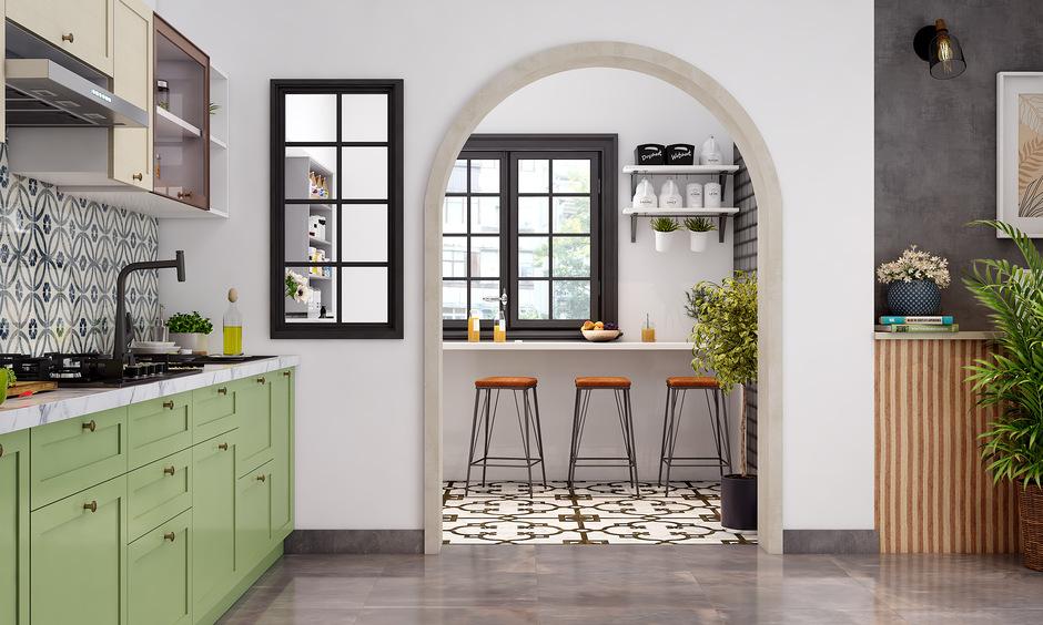 Indo-european kitchen POP design with green cabinets