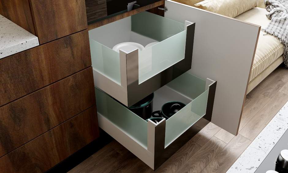 Island modular kitchen in rustic style using handleless drawers with glass fronts for storage