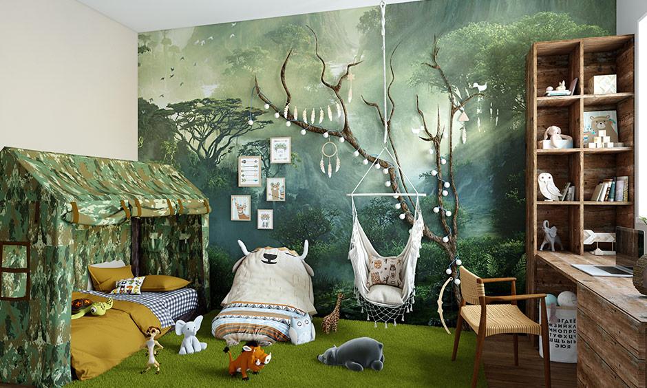 Kids bedroom with jungle-themed wall mural, tent bed, hanging chair, and animal toys