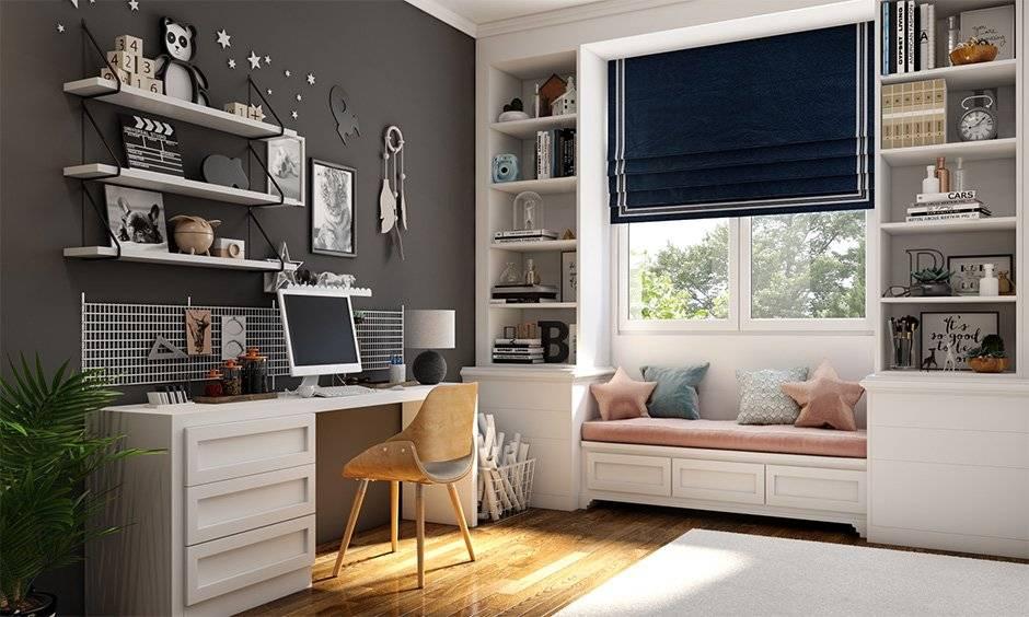 Kids' study table placed in north/east Vastu direction for focus, no beam overhead.