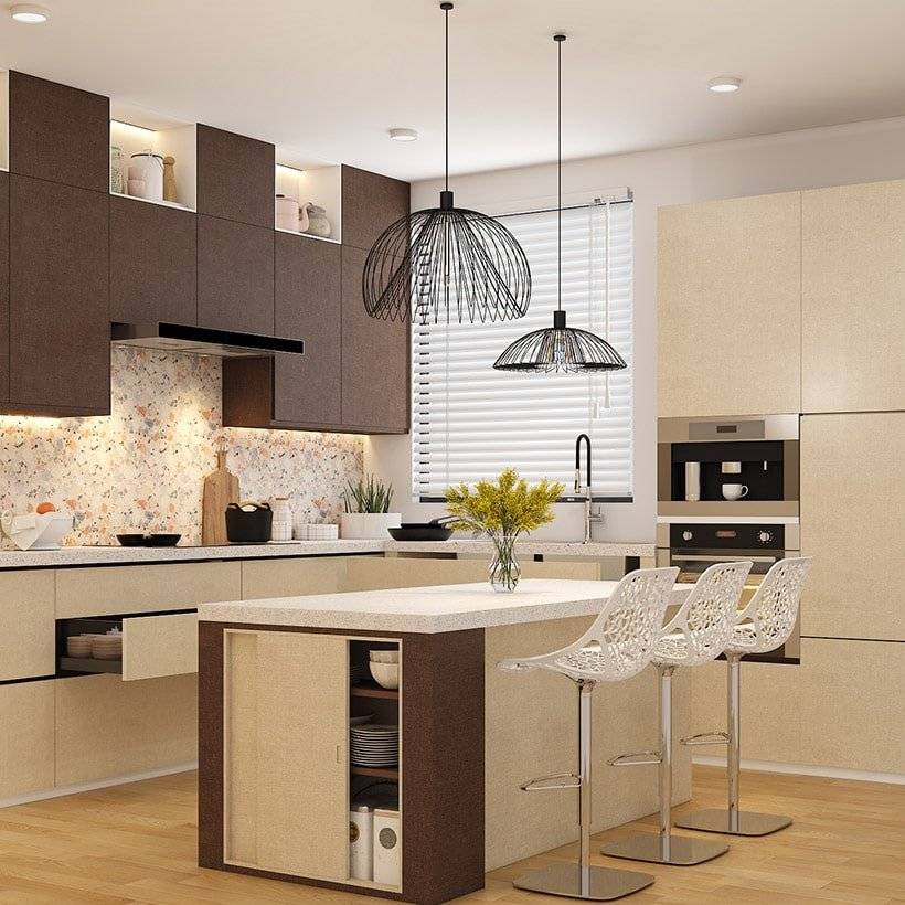 L shaped kitchen with island give the kitchen a sleek look and these kitchen islands with sliding doors and recessed handles