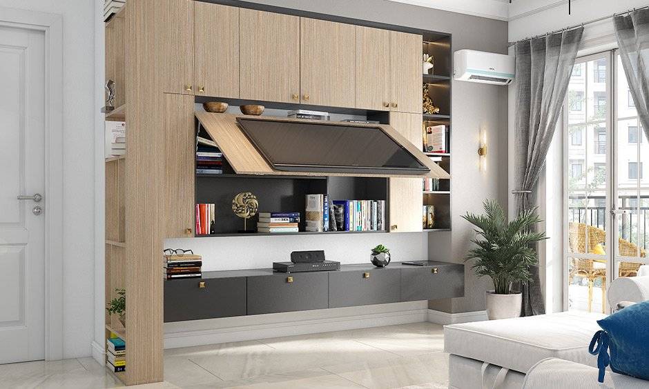 Small living room interior with a smart TV unit 