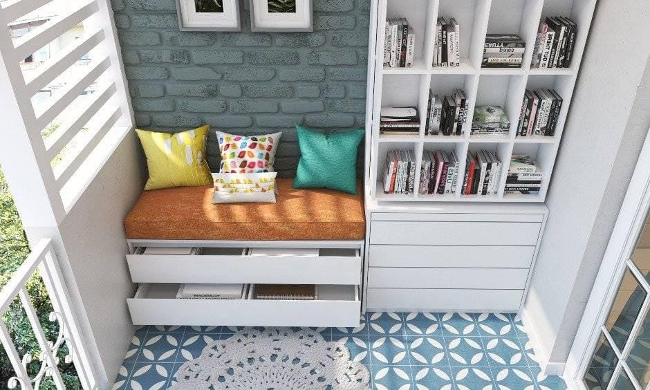 Balcony wit Low lying seating bench with handleless storage drawers for Indian balcony design