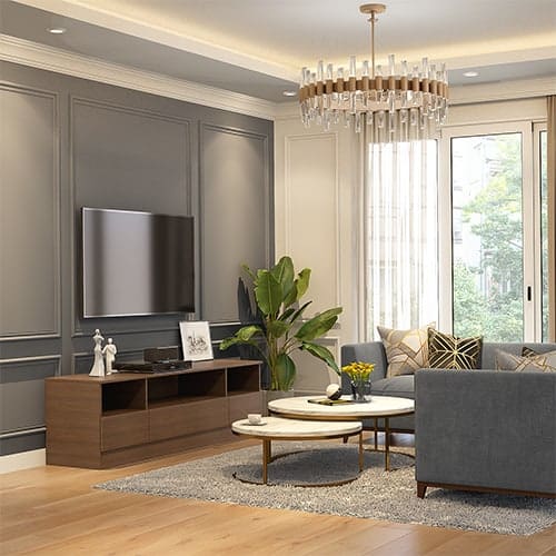 Luxury interior designers in Surat designed a living room with low lying tv unit