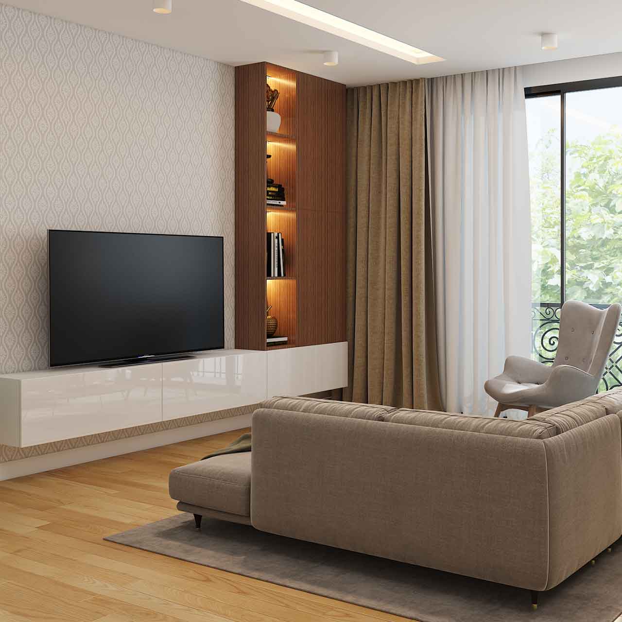 Mid century style living room interiors with wooden legged furniture, nested coffee tables and accent chairs