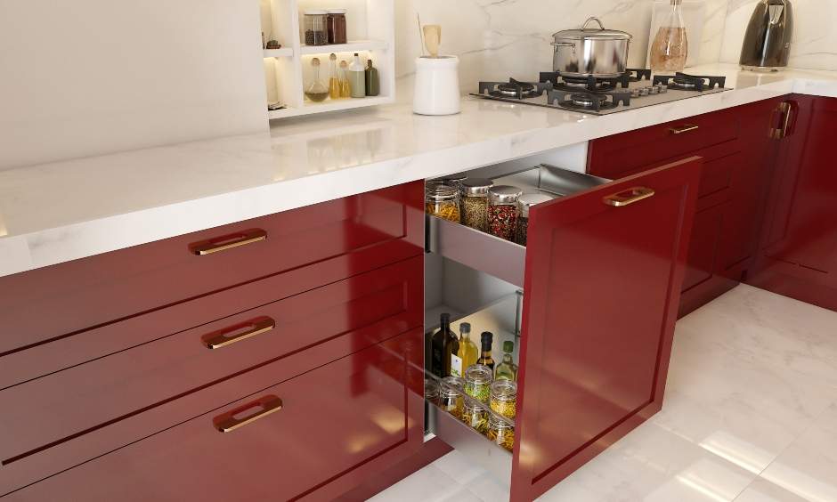 Red kitchen cabinets with white countertops exude a minimalist vibe