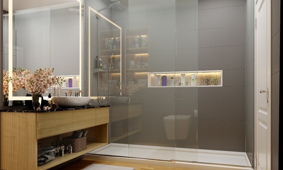 Minimalistic style bathroom design with a huge mirror and strip lights makes a perfect bedroom design