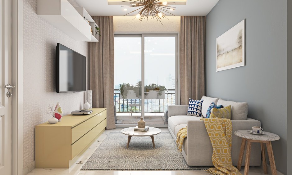 Modern 1bhk house living room designed with comfortable couch and tv unit