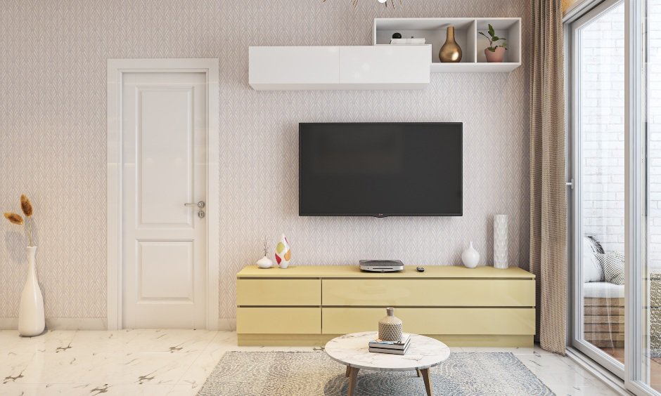 Modern 1 bhk home living room design with a tv unit
