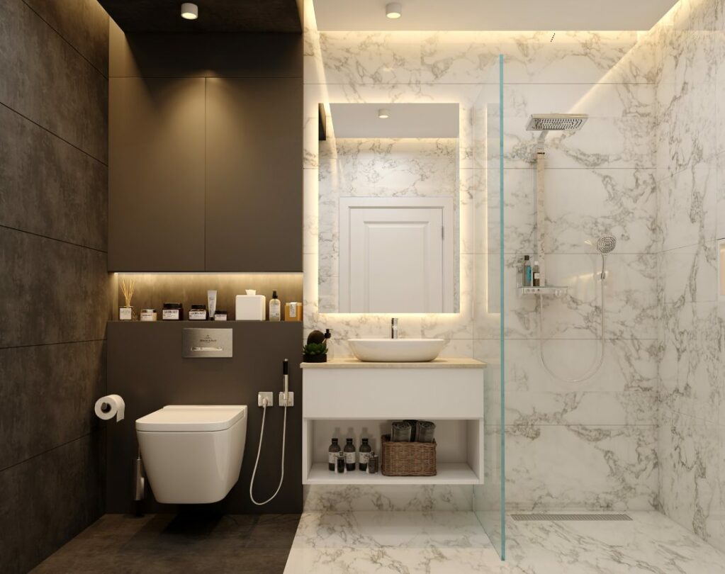 Modern bathroom design with black and white colour scheme